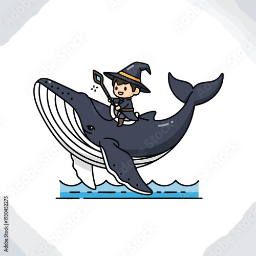 A cartoon-style illustration of a wizard with a pointy hat riding a whale. The whale is in the ocean, and the background is white with decorative corners