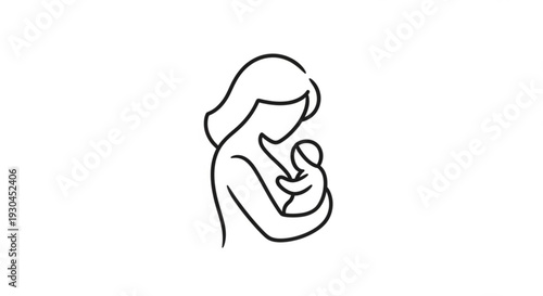 Mother holding newborn baby close line art style illustration simple black outline on white background symbolizing love and care
