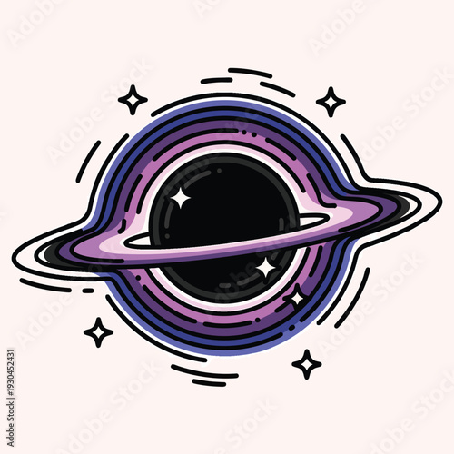 A stylized illustration depicting a celestial body akin to a black hole. It showcases vibrant colors, rings, and stars on a light pink background