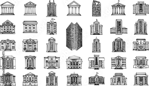 Hand-drawn collection of diverse architectural buildings, featuring government institutions, classical structures, modern offices, banks, and academic facilities in a detailed sketch style.