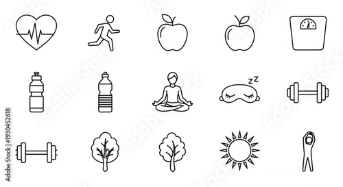 Healthy lifestyle icons set including fitness nutrition and wellness symbols for healthy living and self care