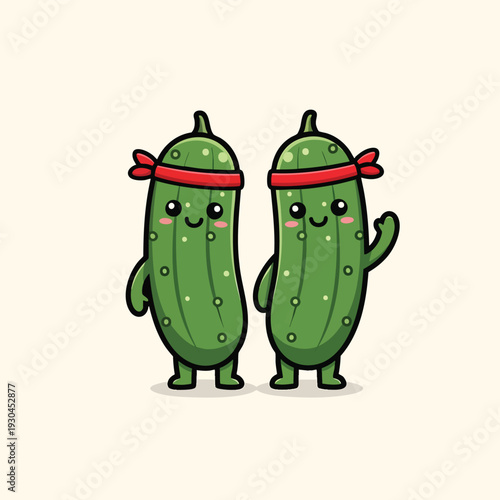 Two cartoon pickle characters are smiling with rosy cheeks, wearing headbands, and have small arms and legs, standing side by side