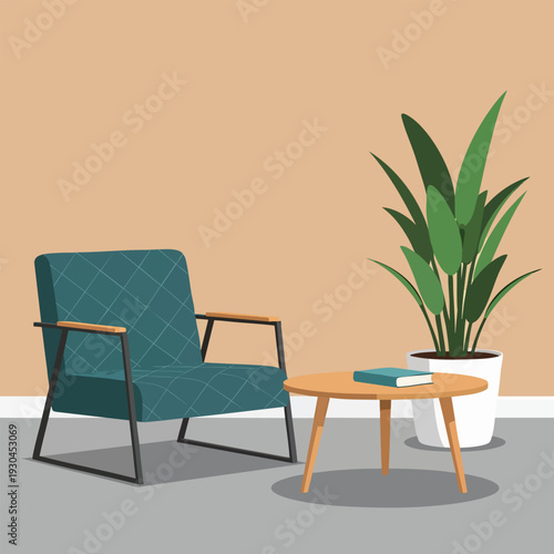 A cozy interior scene featuring a teal armchair with wooden armrests, a small round table, a book, and a tall potted plant. The setting is simplistic