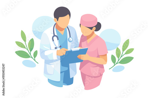 Doctor and nurse discussing medical chart together.