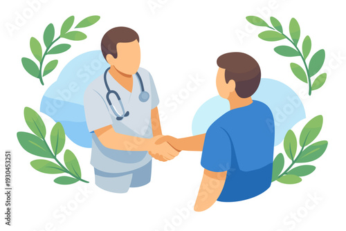 Doctor and patient shaking hands in a friendly greeting.