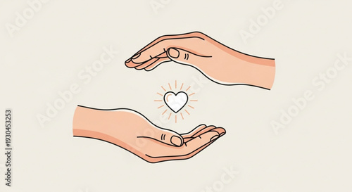 Two hands cupped with a glowing heart floating between them symbolizing love and care on a beige background