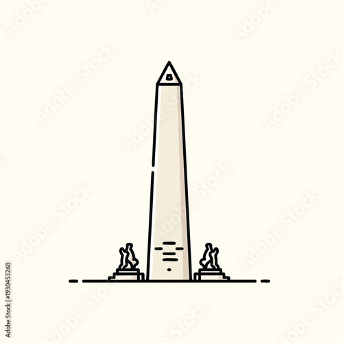 A linear illustrated monument on a beige backdrop. It's tall and slender, with minimalist design.  Sculptures flank the base. The top is triangular