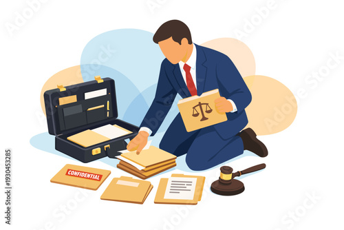 Lawyer organizing legal documents and briefcase for court case.