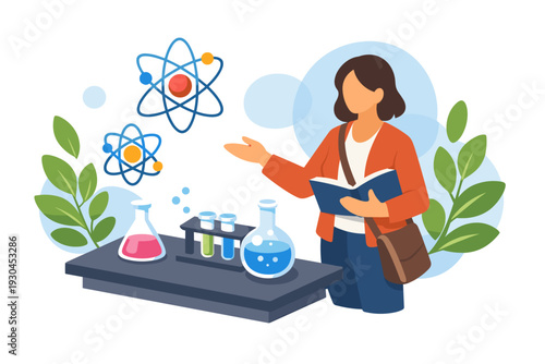 Woman scientist teaching chemistry with molecular models and lab equipment.