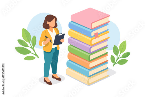 Woman with Clipboard Standing Next to Stack of Books.