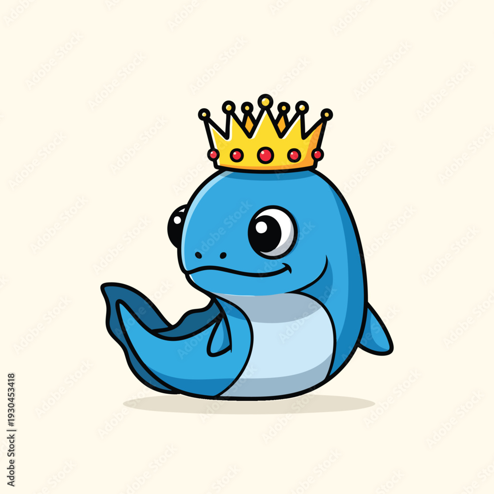 Fototapeta premium A charming, blue cartoon creature with big eyes and a golden crown sitting down on a neutral background