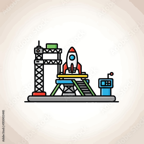 A cartoon-style illustration of a rocket on a launchpad, with a supporting tower and control structure, set against a watercolor background