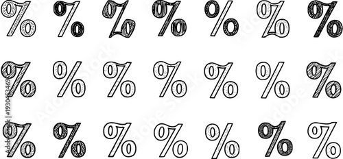 Hand-Drawn Percentage Symbols Vector Set with Diverse Styles. Collection of Sketchy and Doodled Percent Signs for Finance, Sales, Discounts, and Business Graphics on White Background.