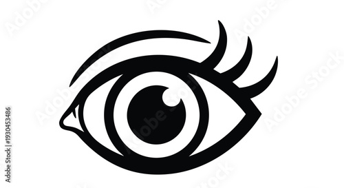 A black and white graphic illustration featuring a stylized eye from the side with lashes and brow. It is a simple, bold design