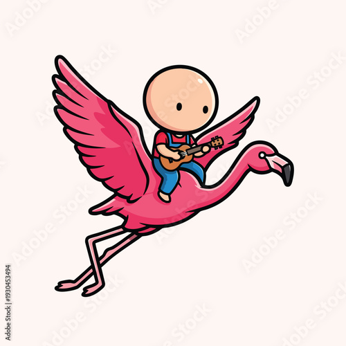 A cartoon character wearing a red shirt and blue overalls rides atop a pink flamingo, playing a brown ukulele