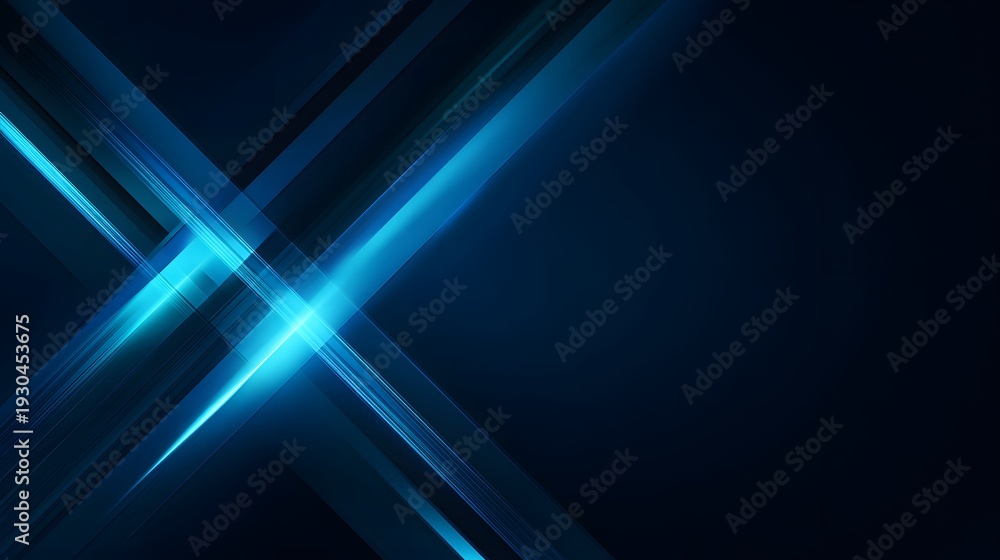 Obraz premium Dark navy abstract background with neon blue diagonal light cross and copy space