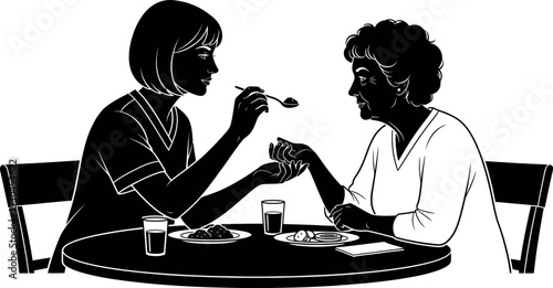 Female Nurse or Caregiver Feeding Senior Woman Patient; Geriatric Care and Assisted Living Silhouette.