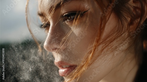 Close up female portrait with windblown hair natural light