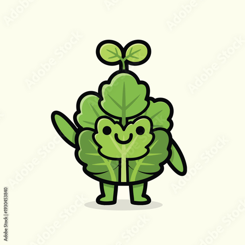 A cartoon character of a leafy plant, smiling, waving, with black outlines. It's green and stands on two legs with small arms