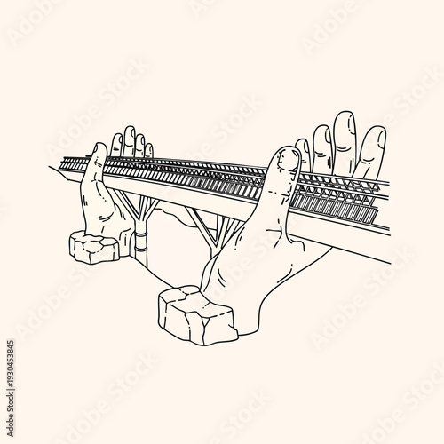 Black line art depicts a bridge held by human hands. The bridge has railway tracks and hands are supported by rock-like shapes. The background is a soft beige
