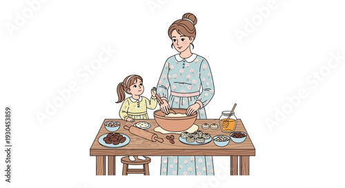 Woman and Child Preparing Meal Together.