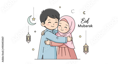 Cartoon Couple Embracing with Eid Mubarak.