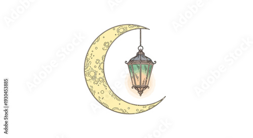 Crescent Moon with Hanging Lantern Illustration.