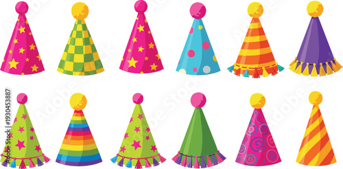 Colorful birthday party hats collection with stars stripes tassels and polka dots festive celebration vector illustration set