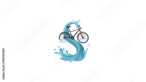 Artistic depiction of a bicycle suspended within a stylized watery 'S' shape against white