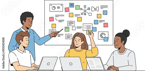 Diverse team members collaborate during a strategy session using sticky.