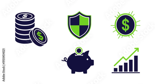 A modern vector illustration depicting a savings concept with a piggy bank, coin stack, shield, dollar symbol, and growing bar graph, conveying financial planning and wealth growth in a