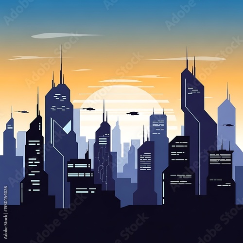 Futuristic cityscape at sunset with skyscrapers.