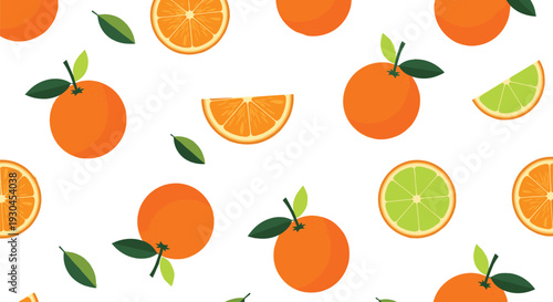 Seamless citrus fruit pattern with orange lime slices and leaves fresh summer food background flat vector design