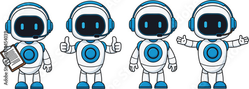Customer support chatbot robot mascot set with headset clipboard thumbs up and welcoming gesture vector illustration
