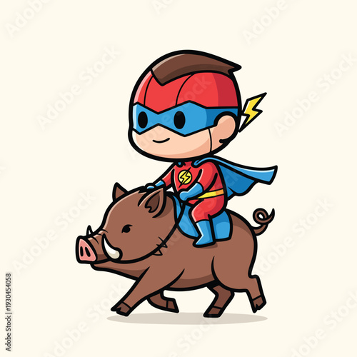 A cartoon superhero with a red and blue costume, mask, and cape rides a brown boar through a cream-colored backdrop
