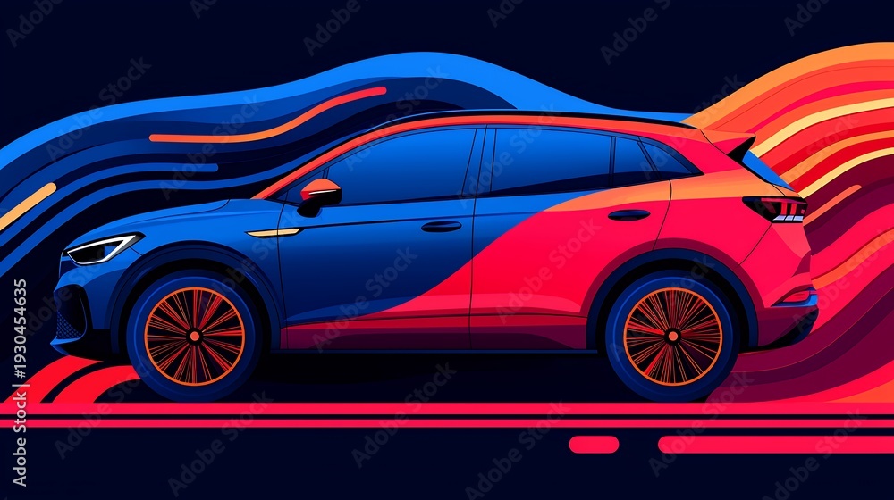 Fototapeta premium Pixel Art Blue and Red SUV with Swirling Abstract Background