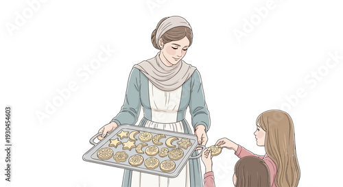 Woman Serving Cookies to Young Girls.