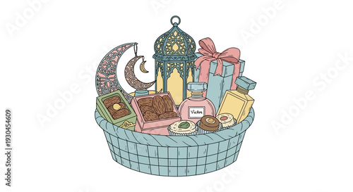 Gift Basket with Ramadan Items and Decorations.