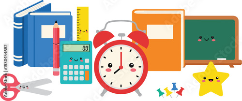 Cute school supplies kawaii set with books alarm clock calculator scissors chalkboard and stationery vector illustration