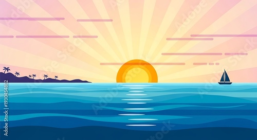Serene ocean sunset with sailboat.