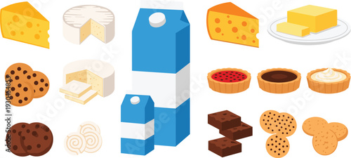 Dairy products and sweet snacks vector set with milk carton cheese butter cookies chocolate and bakery dessert collection