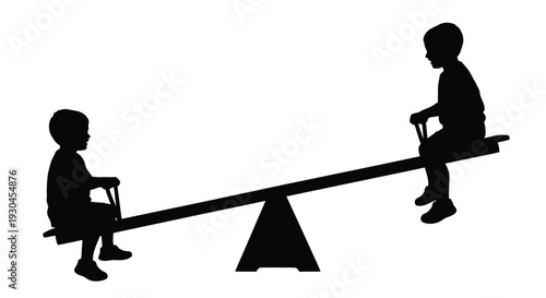 Two boys playing on a seesaw in a balanced vector illustration design