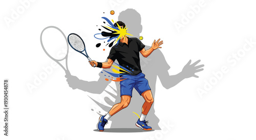 Tennis player in action hitting a tennis ball with a racket illustration