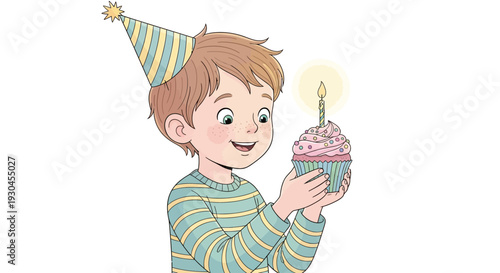 Happy Boy Holding Birthday Cake with Candle.