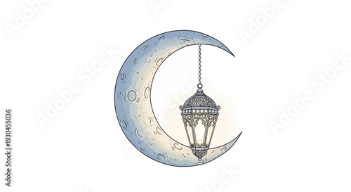 Crescent Moon with Hanging Lantern Illustration.