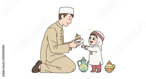 Man and Child Sharing a Drink Together.