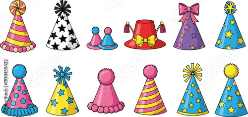 Festive party hats collection with stars stripes bows and pompom decorations for birthday celebration vector illustration set
