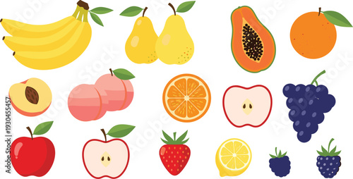 Flat fresh fruit collection with banana pear papaya orange apple peach grape strawberry lemon and berries vector set