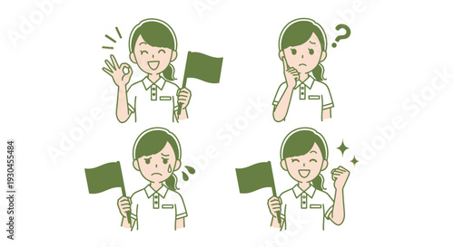 Cartoon woman expressing various emotions while holding a green and yellow flag illustration