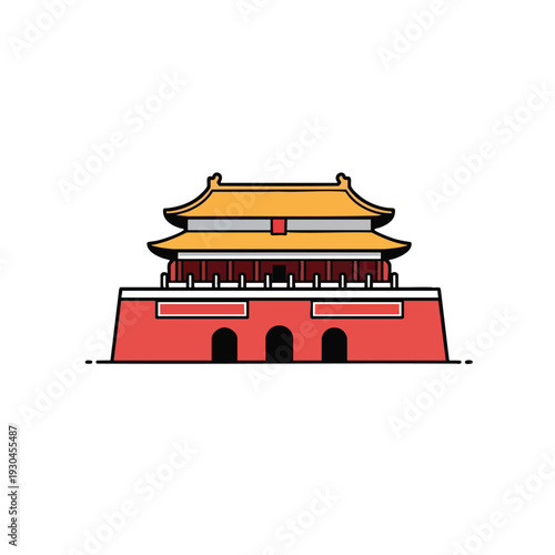 A cartoon depiction of an imperial architecture, possibly a gate or tower, with a layered roof structure and a red base